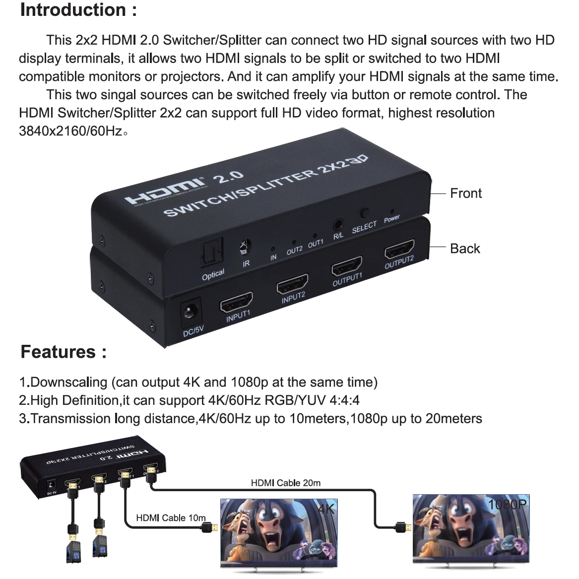 HDMI 2,0 переключатель/сплиттер 2x2 с оптическим R/L аудио поддержка 4 K/60Hz может уменьшить выход для 4K и 1080P одновременно