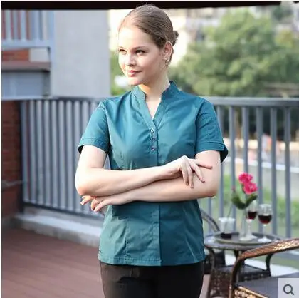 Горячие корзина кухонная готовка рабочая одежда с v-образным вырезом и коротким рукавом для официантов и официанток; рубашка; черный цвет; красный цвет; Винный Цвет; черновато зеленый униформа официанта - Цвет: women blue