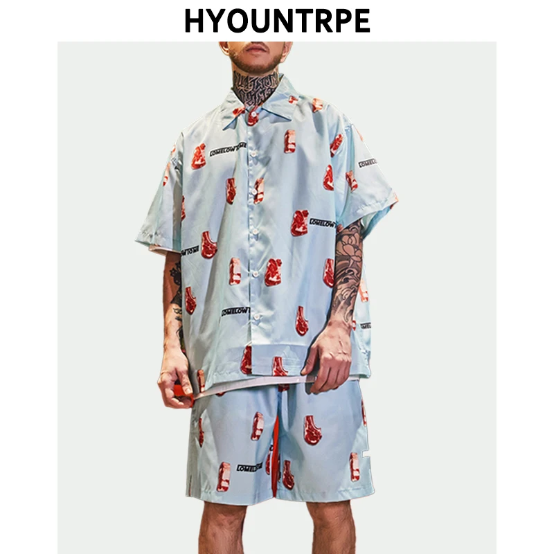 

2 Pieces Sets Men New Fashion Beef Printed Short Sleeve Shirts And Drewstring Elastic Waist Short Pants Summer Streetwear Set