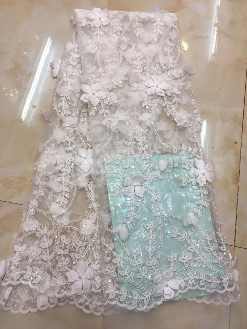 

French lace fabric 5yds/pce dhl white sequins 3d petals beaded fabrics women gorgeous luxury bright party event asoebi dress new