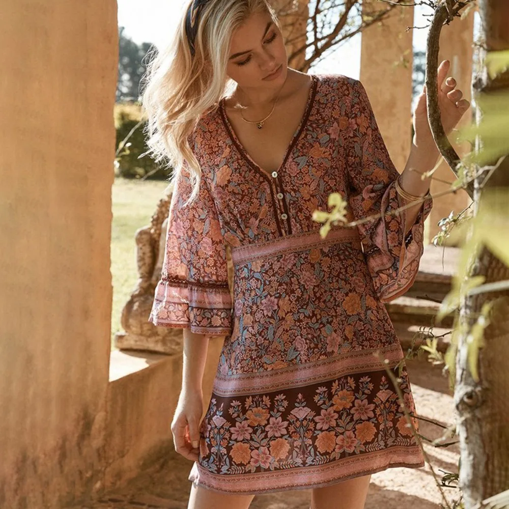 Женское мини платье с цветочным принтом Boho хиппи летнее короткое коротким