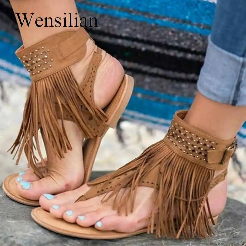 

Retro Rome Flat Sandals Ladies Flip Flops Gladiator Sandals Women Buckle Strap Fringe Sandalia Feminina Summer Shoes Sandalias