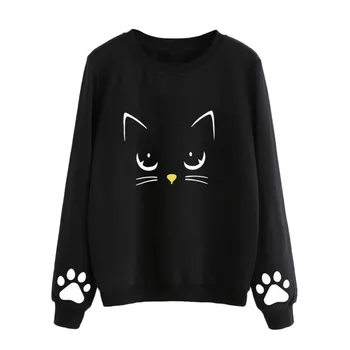 

Polyester Women's sweatershirt Cat Full Sleeve Hoodies casual Round Neck Pullovers Blouse Hoodies Sudaderas Mujer