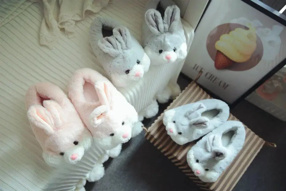 Тапочки с кроликами для девочек; Домашние зимние теплые тапочки; женские плюшевые домашние тапочки на плоской нескользящей подошве; большие размеры 41-42