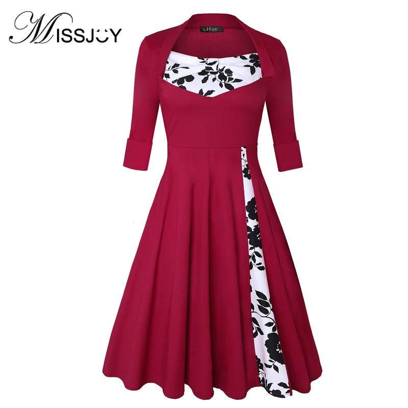 

MISSJOY Women Vintage Dress 2018 Autumn Three Quarter sleeve V-Neck retro patchwork elegant sexy party dress plus size S-5XL