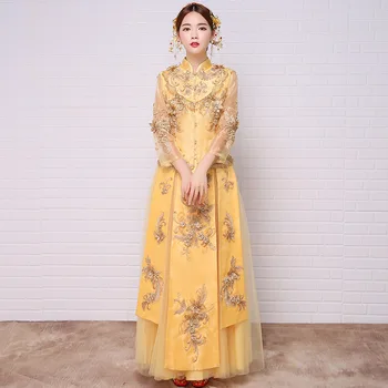 

Yellow Oriental Lady Qipao Floral Chinese Bride Wedding Mesh Dress Gown Tassel Sexy SuZhou Embroidery Cheongsam Toast Clothing