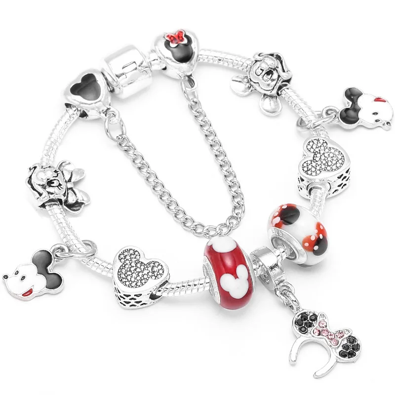 Boosbiy Dropshipping Cute Mickey Minnie Charm Bracelet For Women Kids With Silver Snake Chain Brand Bracelet Christmas Jewelry