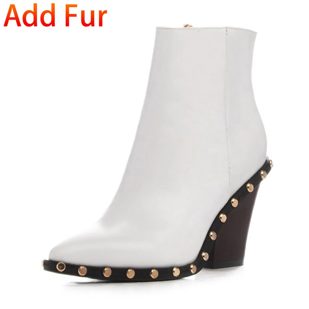 SARAIRIS/брендовые новые ботинки с заклепками; женские ботильоны из натуральной кожи с острым носком; коллекция года; женская обувь на высоком квадратном каблуке - Цвет: white add fur