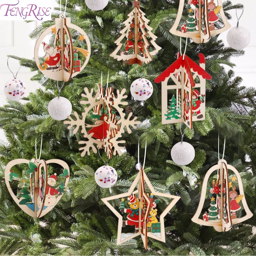 FengRise 3D Christmas Wooden Pendant Christmas Tree Ornament DIY Santa Xmas Tree Decor for Home Party