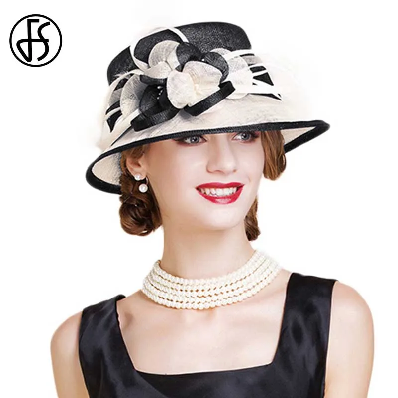 Sombrero de boda de Sinamay británico para mujer Iglesia Flor de ala ancha azul blanco Lino Fedora elegante 2018 mujeres Kentucky Derby H - 2