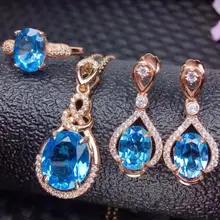 Топаз набор натуральный настоящий голубой топаз 925 серебро 1 шт. кольцо 1 шт. кулон 1 Пара висячие серьги# SB18121001