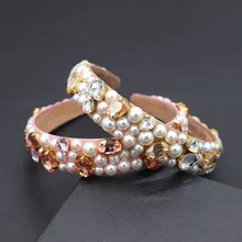 Простая повязка для головы из горного хрусталя и жемчуга в стиле барокко со стразами, мода для танцев с жемчугом, подиумная повязка на голову 866