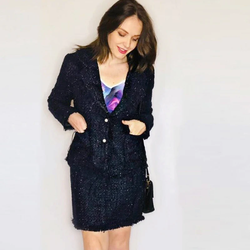 

Tweed Jacket +skirt suit women Dark blue Spring / Autumn women's jacket 2 piece shorts suit Burr ladies jacket coat
