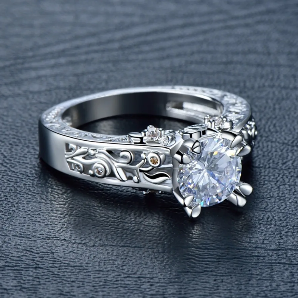 Silver Vintage Promise Ring Big CZ Zircon Stone for Women Valentine's