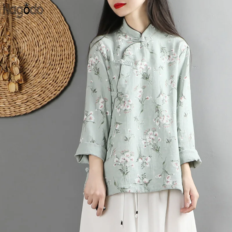 

Nagodo Traditional Chinese Style Linen Top Ethnic Clothing button Zen Tea Shirt Women Print Flower Chinese Clothings Tunic Top