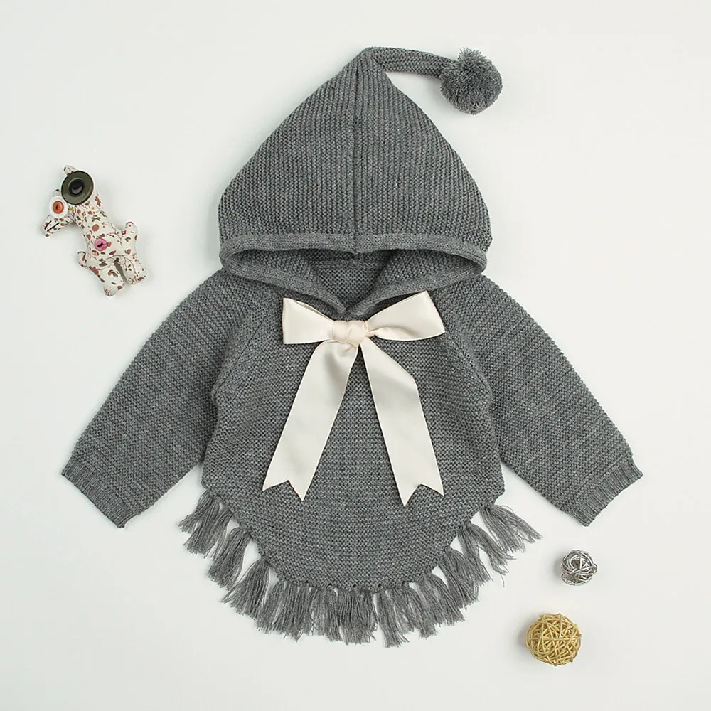 Winter Newborn Red jacket Infant Baby Boys Girls Bow Tassel Knitted Long Sleeve Hooded Tops Sweater Outfits Fringed hooded