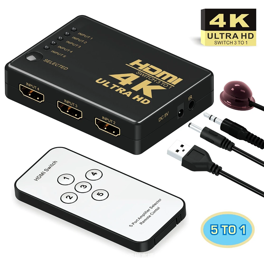 

Mini HDMI 5 IN 1 Switcher 4K HD1080P HDMI Port Switch Selector Splitter With Hub IR Remote Controller For PS3 HDTV DVD TV BOX