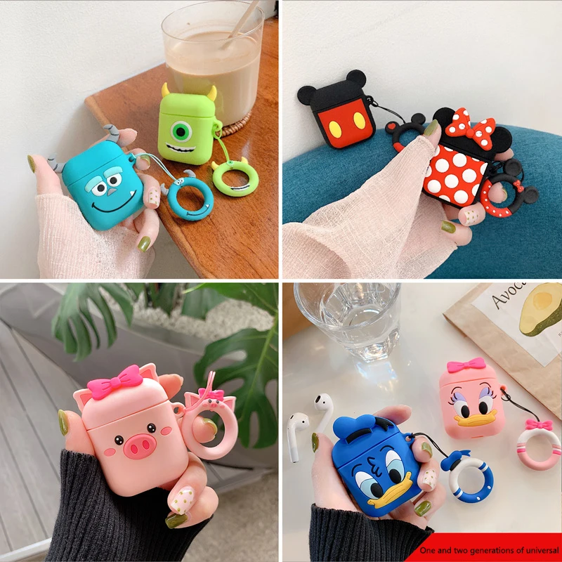 For Apple Airpods Case Soft Silicone Cover Cute Cartoon Bluetooth Earphone Protective Case Bag for Air pods 2 Key Ring Strap