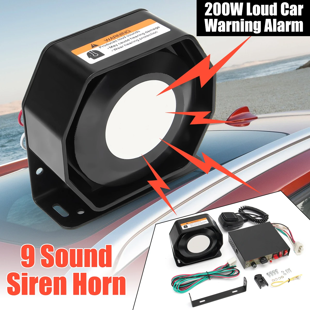 

12V 200W 9 Sound Loud Car Warning Alarm Speaker PA Siren Horn MIC System Microphone Burglar Alarm+Flash Switch Sound Adjustable