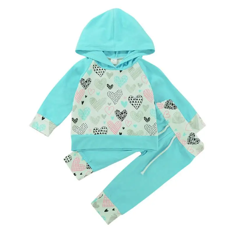 

2Pcs/Set Kids Baby Casual Clothes Heart Print Long Sleeves Hooded Tops Drawstring Pants Outfits Christmas Baby Clothes
