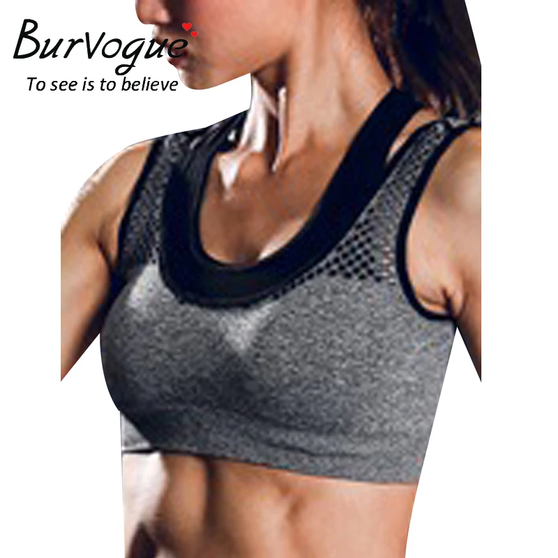 Burvogue Sports Bra Fitness Fake Two Pieces Quick Dry Sexy Padded Crop