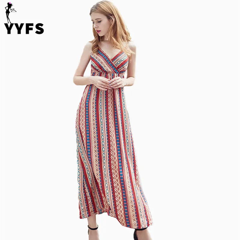 Boho Стиль длинное платье в полоску жилет Для женщин без рукавов с v-образным