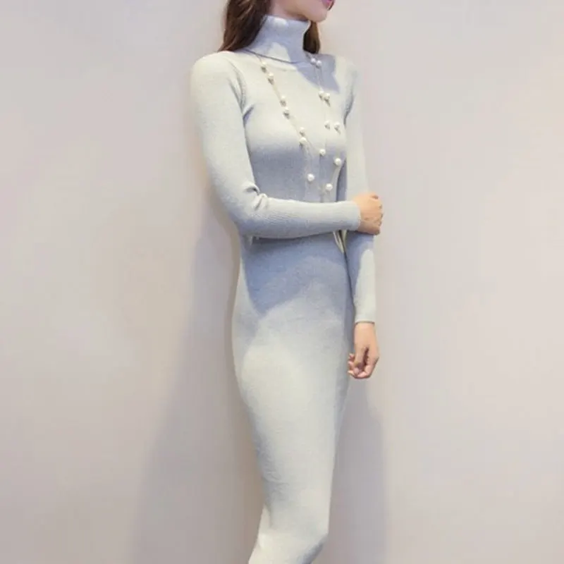 Женское трикотажное платье свитер средней длины с высоким воротником|robe pull femme
