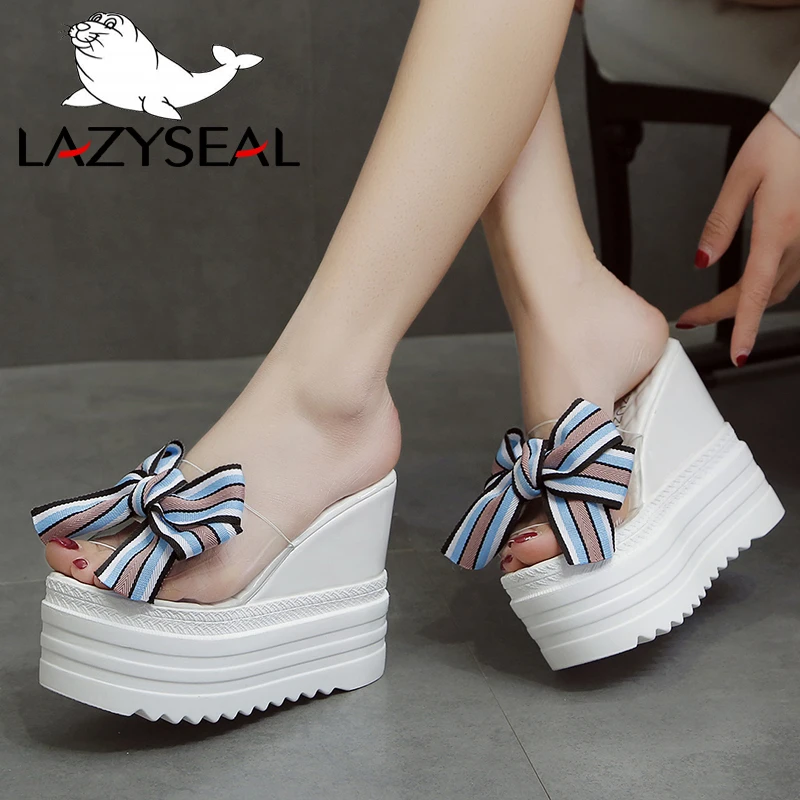 

LazySeal Butterfly-Knot Slippers Women Summer Shoes Ladies Slides Transparent Flip Flops Wedge Heels Sandals Beach Woman Shoes