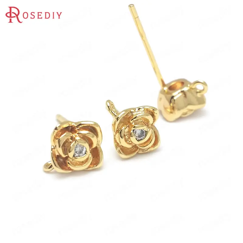 

(36907)6PCS 6.5x6.5MM 24K Gold Color Brass and Zircon with 925 Sterling Silver Pins Rose Flower Stud Earrings Diy Accessories