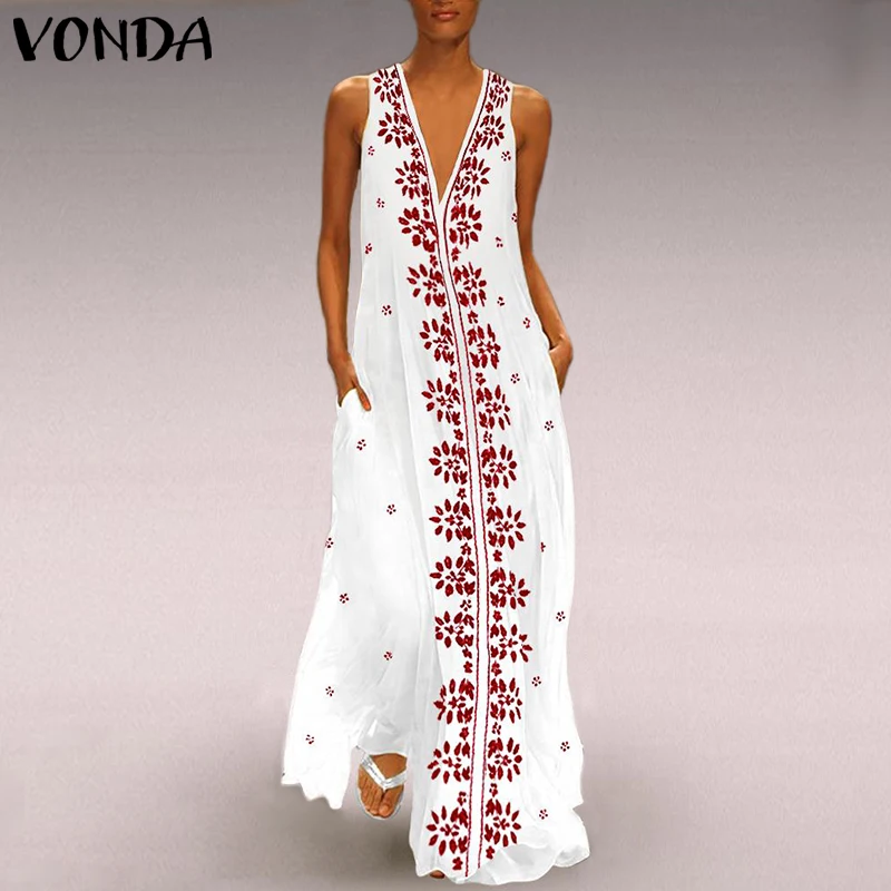 

VONDA Women Floral Print Dress 2019 Vintage Sexy V Neck Sleeveless Maxi Long Party Vestido Casual Summer Beach White Dresses 5XL