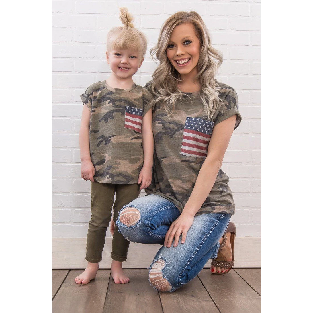 

3-10T Family t shirt Mother Daughter Matching Clothes Women Kid boy Girls Camouflage Summer Top USA Flag Print Casual Outfit Tee