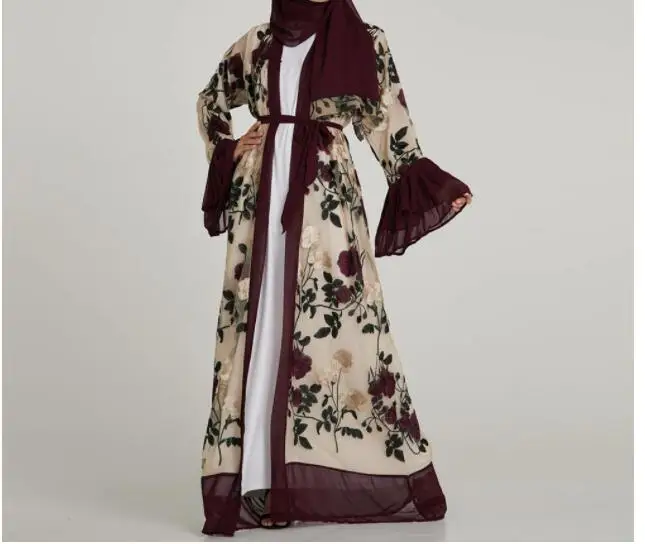Элегантные мусульманские вышитые цветочные abaya длинные платья с рукавом-клеш кардиган-кимоно длинный халат Туника Ближний Восток Рамадан арабский