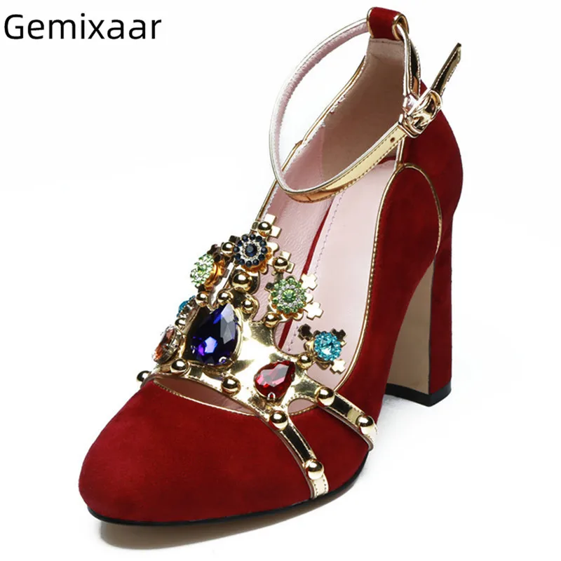 

Jewelry Crown Shoes Woman Elegant Kid Suded Chunky Square High Heel Footwear Round Toe Decor Metal Crown Mature Woman Pumps 42