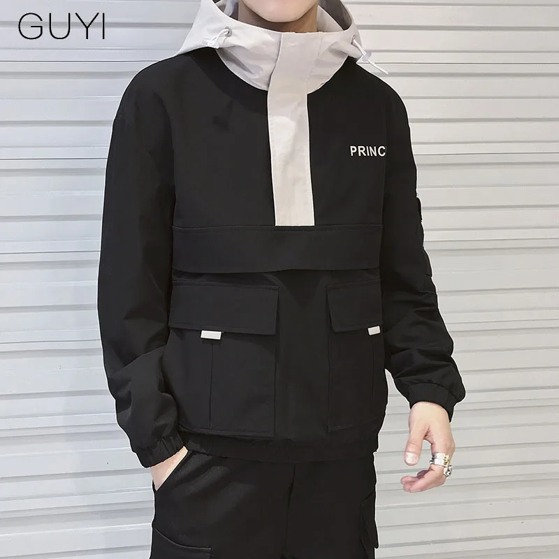

GUYI 3 Colors Patchwrok Hooded Jacket Men Drawstring Pockets Outdoor Outerwear&Coat Fashion Hip Hop Casual Sport Pullovers