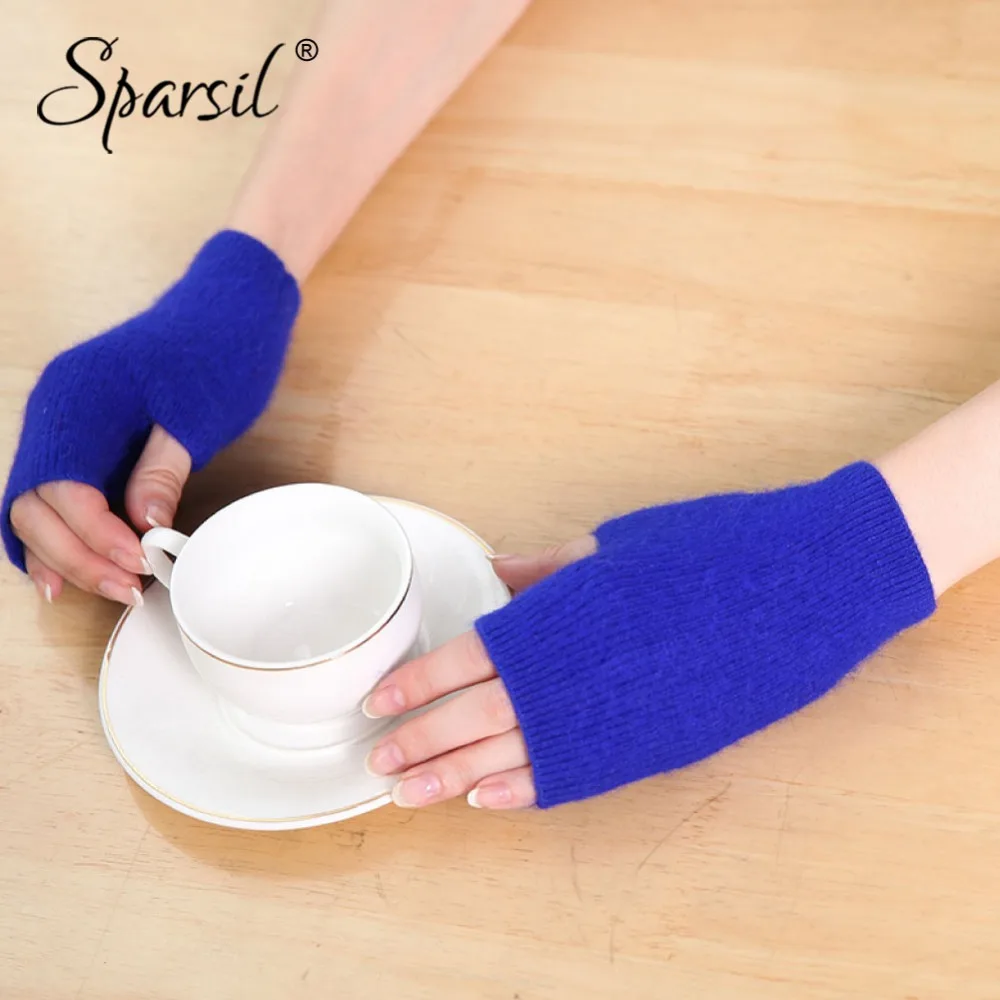 

Sparsil Women Winter Mink Cashmere Knit Short Gloves Half-Finger Soft Wrist Warmer Female 16CM Quality Solid Color Knit Mittens