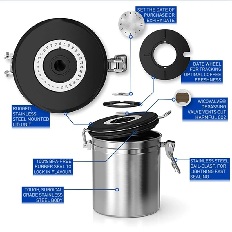 Контейнер для кофе, муки, сахара из нержавеющей стали, дили, кухонная канистра для хранения, вакуумный СО2 клапан, герметичный контейнер для кофе, контейнер для хранения