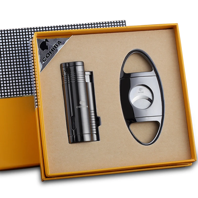 

COHIBA Windproof 3 Torch Jet Blue Flame Butane Gas Metal Cigar Lighter with Cigar Cutter Gift Set