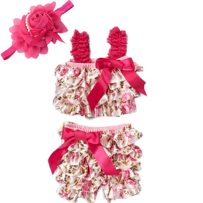 Одежда для малышей, модное платье принцессы для девочек; цвет розовый цветочный атласный комбинезон комплект с красным повязка для волос для новорожденных розовый комплект с юбкой для девочек, топ и короткие штаны, комплект