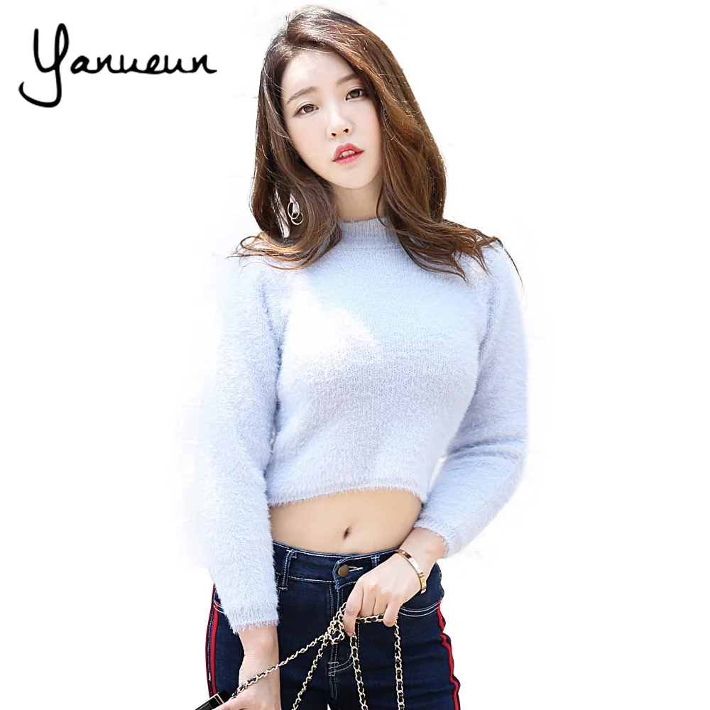 Yanueun Korean Fashion Women Cropped Jumpers Fluffy Mohair Sweater