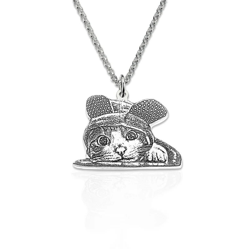 

AILIN Pet Silhouette Necklace Sterling Silver Photo Engraved Necklace Memorial Jewelry