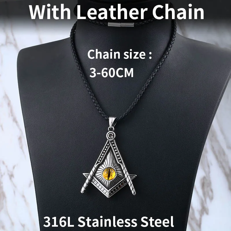 Mason Collier Pendentif Jaune Oeil En Acier Inoxydable Punk Illuminati Gothique Biker
