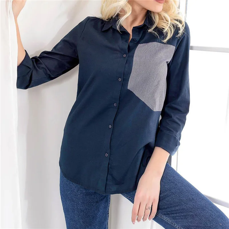 

New Plus Size Women Tops Blouses Long Sleeve Button Turn-down Collar Contrast Color Spring Autumn Casual Ladies Shirts Blusas