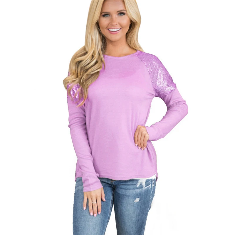 Purple Sequins Patchwork Long Sleeve Tshirt Women Tees 2018 New Arrival Spring Cotton Casual O-neck T-shirts Femme Tops