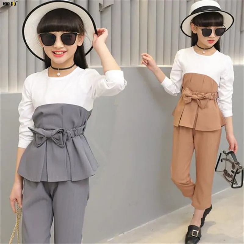 

Teenager Girl Clothing Set Long Sleeve Spliced Bow Knot Big Child Outfit Autumn Kids Clothes For 4 5 6 7 8 9 10 11 12 Years