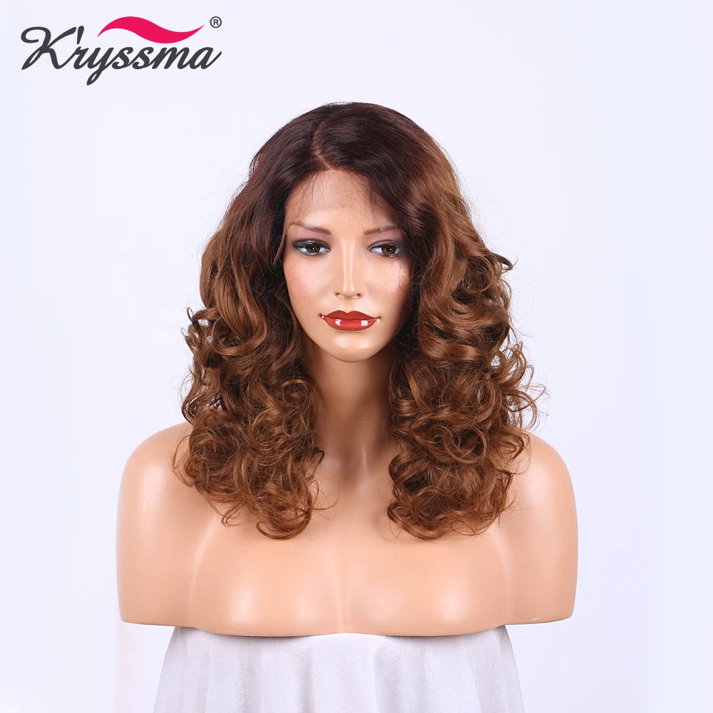 

Deep Parting Brown Long Wig Two Tone Dark Roots Ombre Synthetic Lace Front Wigs for Women Deep Wave Right Part L Part Fake Hair