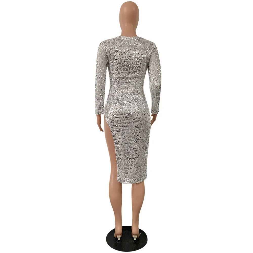 Sexy Sequined dress Women Spring Autumn 2019 long-sleeved V-neck high open banquet dress female hot women Night Club party dress  (8)