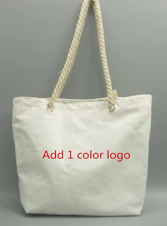 10x пустой натуральный хлопок холст сумки с застежкой-молнией веревочной ручкой для продуктовых покупок, пляжа, индивидуальный логотип печати - Цвет: Add 1 color logo