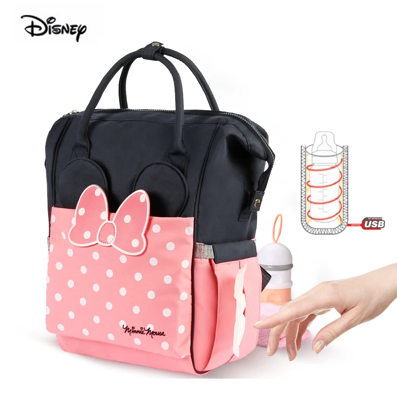 Disney Minnie Fashion Mother Bag Large Capacity USB Heater Insulation Pink Diaper Nappy Backpack ...