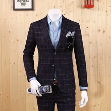 Мужская одежда Весна темно-синий клетчатый Мужской приталенный Блейзер однобортный 2 пуговицы Свадебный Жених Деловая одежда плюс размер L