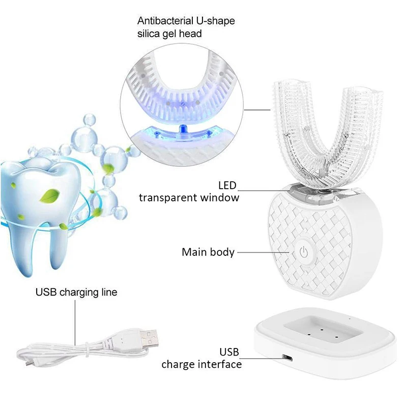 360 Degrees Intelligent Automatic Sonic Electric Toothbrush U Shape Silicone Tooth Brush USB Charging Tooth Whitening Blue Light 360 Degrees Intelligent Automatic Sonic Electric Toothbrush U Shape Silicone Tooth Brush USB Charging Tooth Whitening Blue Light